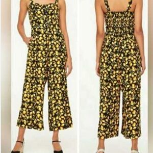 LOFT Wide Leg Citrus Lemon Print Jumpsuit Summer Resort Strappy Smocked Back